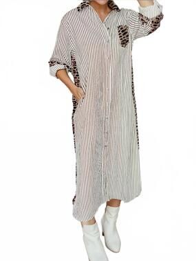 NEW 1 THE WOMAN leopard contrast shirt midi dress in brown